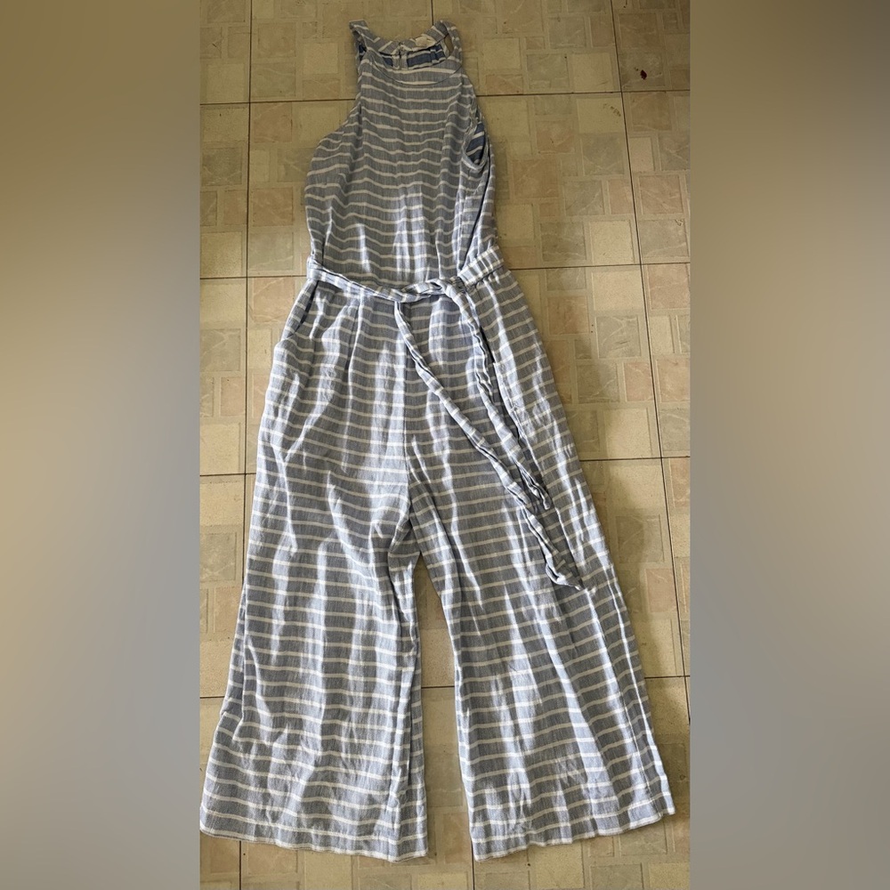 LOFT Outlet Lounge Striped Wide-Leg Jumpsuit with Tie Belt - Size Medium